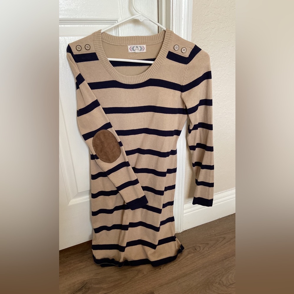 Adorable long sleeve sweater dress with leather elbow patches